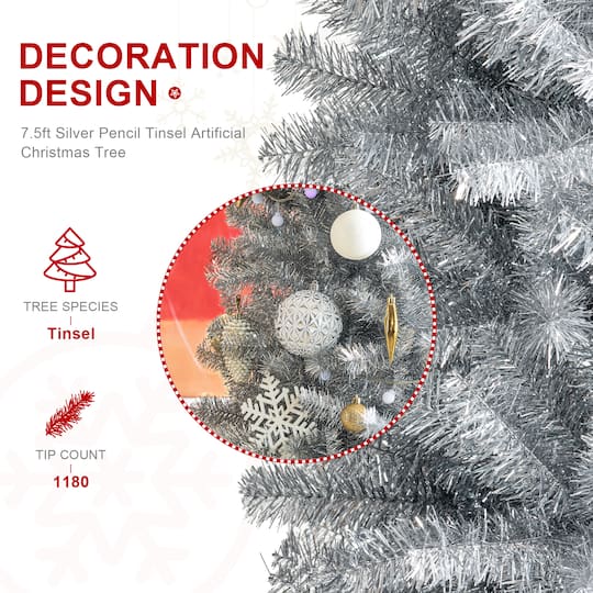 7.5ft. Unlit Silver Pencil Tinsel Artificial Christmas Tree